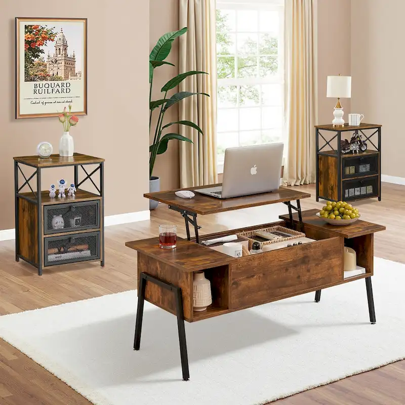 Dark Brown Lift-Top Coffee Table Set for 2-4 People with Storage and 2 Nightstands