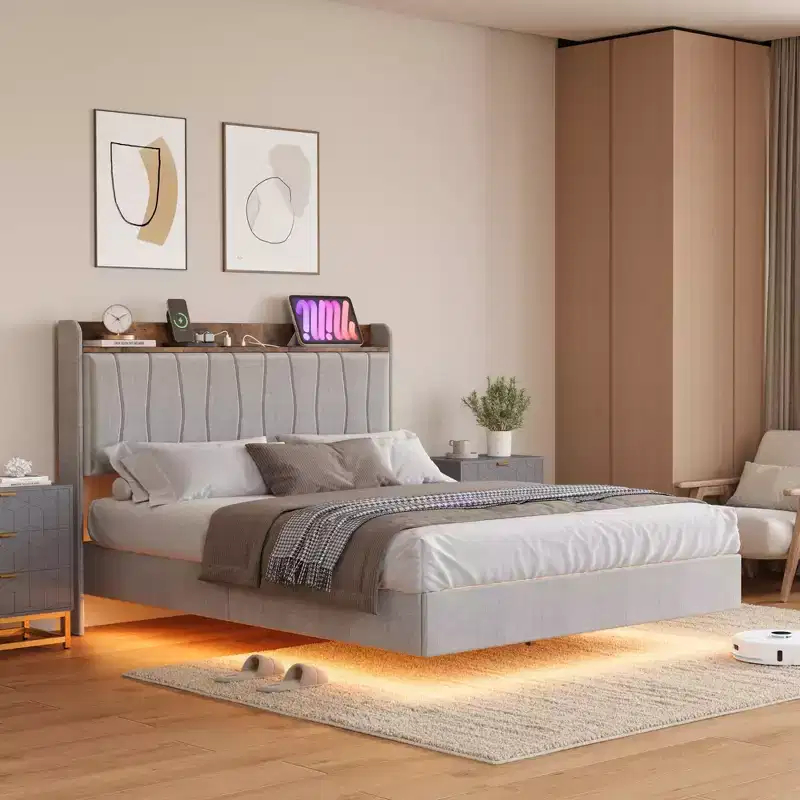 Modern Floating Platform Bed Frame with LED Lights & Charging Ports, Upholstered Storage Headboard, Sturdy Wood Slats, No Box Spring Needed