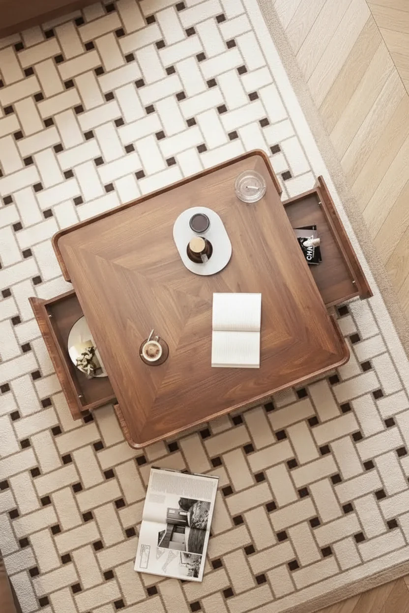 Industrial Walnut Coffee Table with Hidden Drawers - 39.37x39.37x12.6