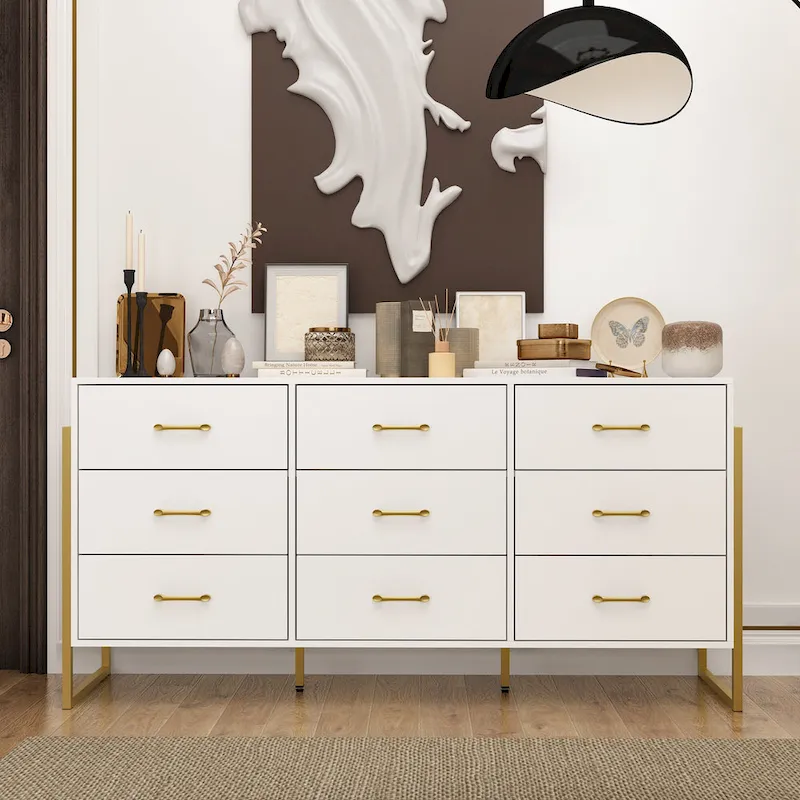61.4 W Modern Black Dresser with 9 Spacious Drawers - Gold Handles