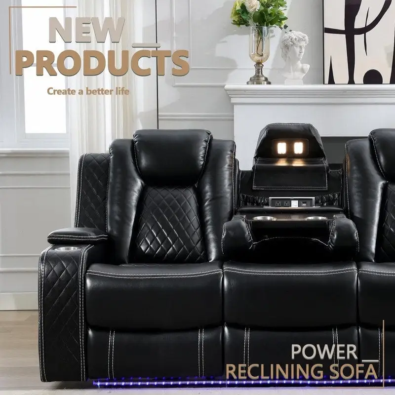 Power Reclining Sofa with Wireless Charger & LED Light – Faux Leather, Black