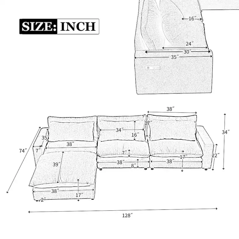 128inch Sectional Sofa Cloud Sofa Chenille Upholstered Sofa