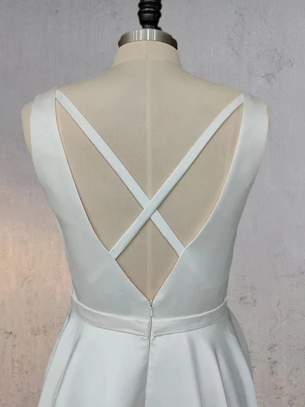 A-Line White Satin Elegant V Neck Wedding Dress