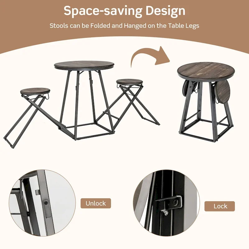 Grey Round Folding Bar Table & 2 Stools Set, 2-Person