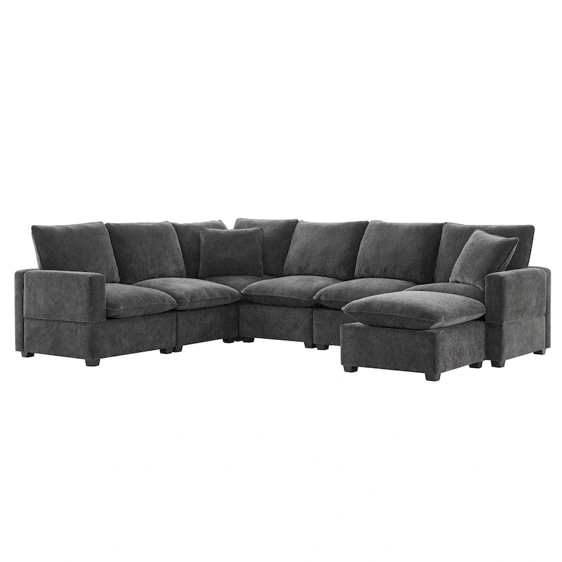 U Shape Modular Sofa, 7 Seat Chenille Sectional Upholstered Couch Set