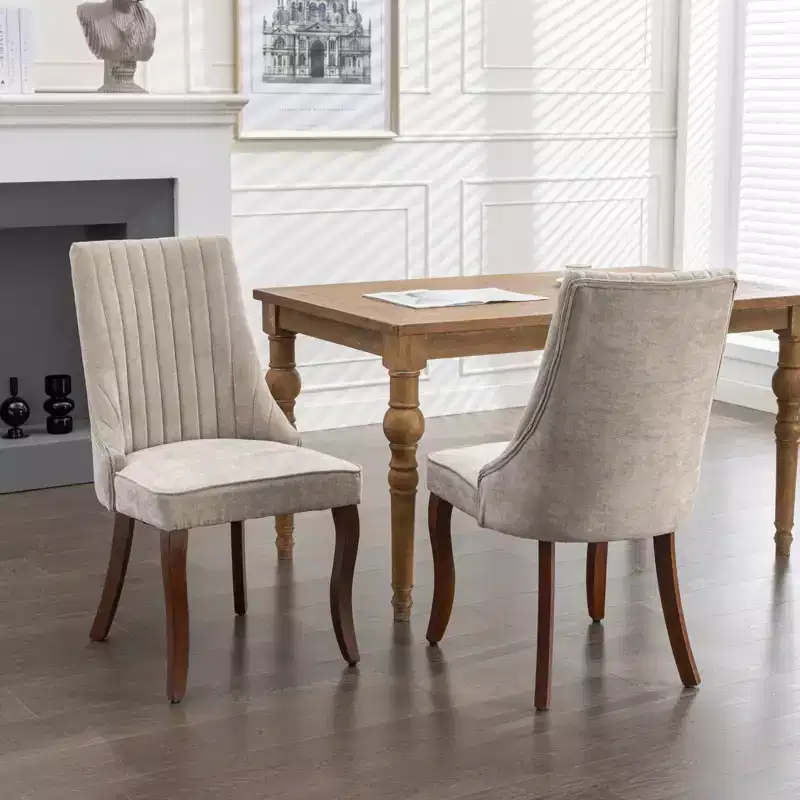MAYEERTY Rayon Flocking Linen Dining Chairs - Channel Tufting, Curved Solid Wood Legs, Beige, Set of 2