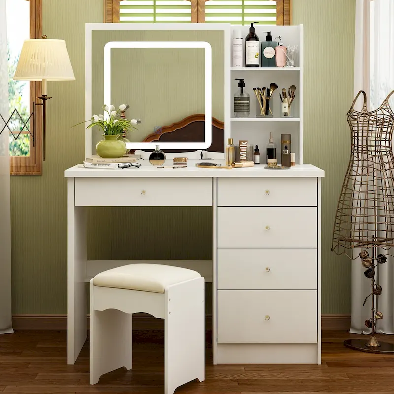 39.4 Wide Makeup Vanity Set with Stool and Touching Light Mirror - 39.4 W