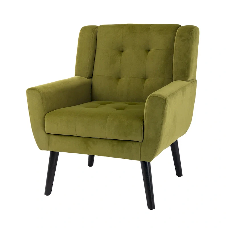 Green Velvet 29.53 Upholstered Tufted Accent Chair with Solid Black Wood Legs