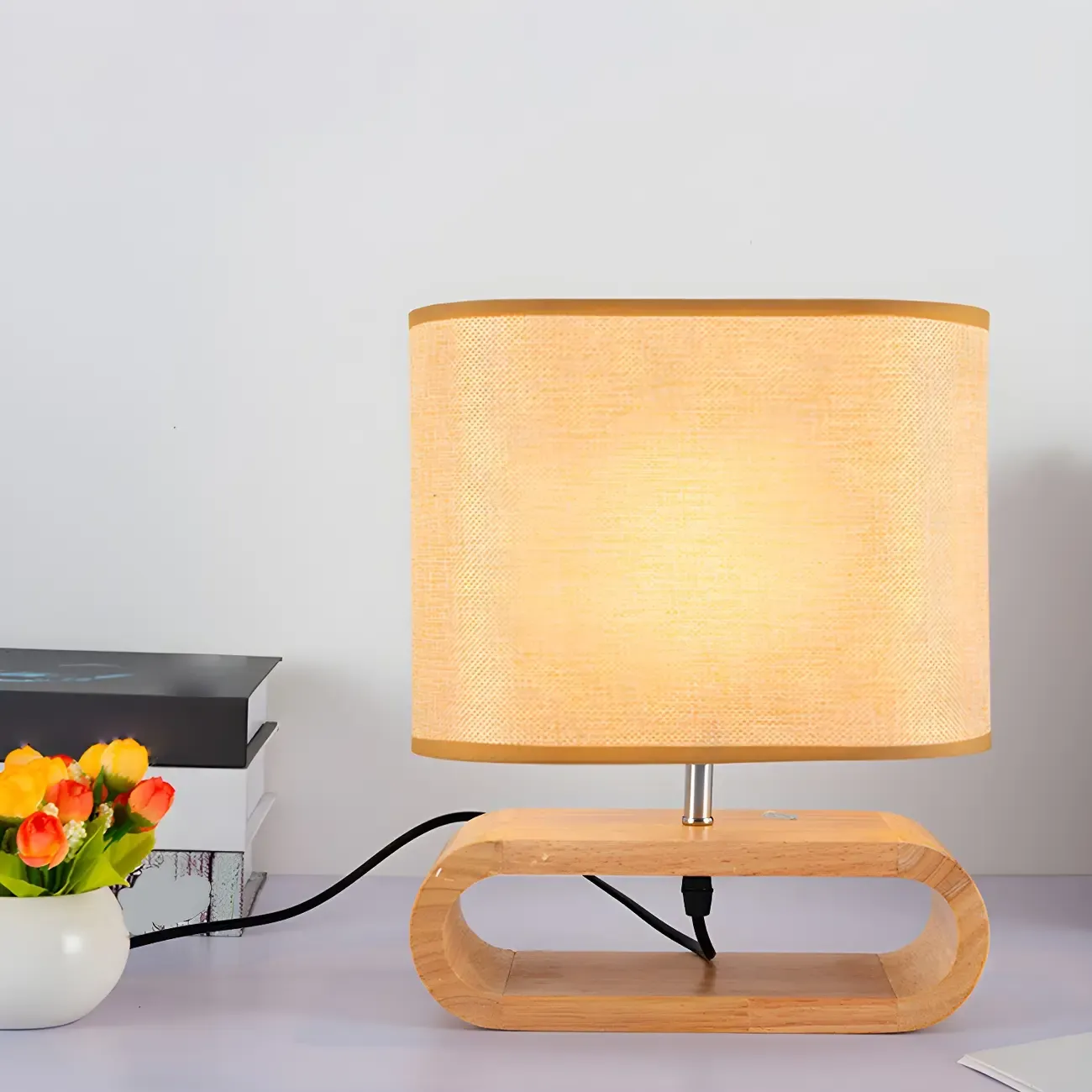 Bedside Wood LED Plug In Table Lamp in Fabric Shade