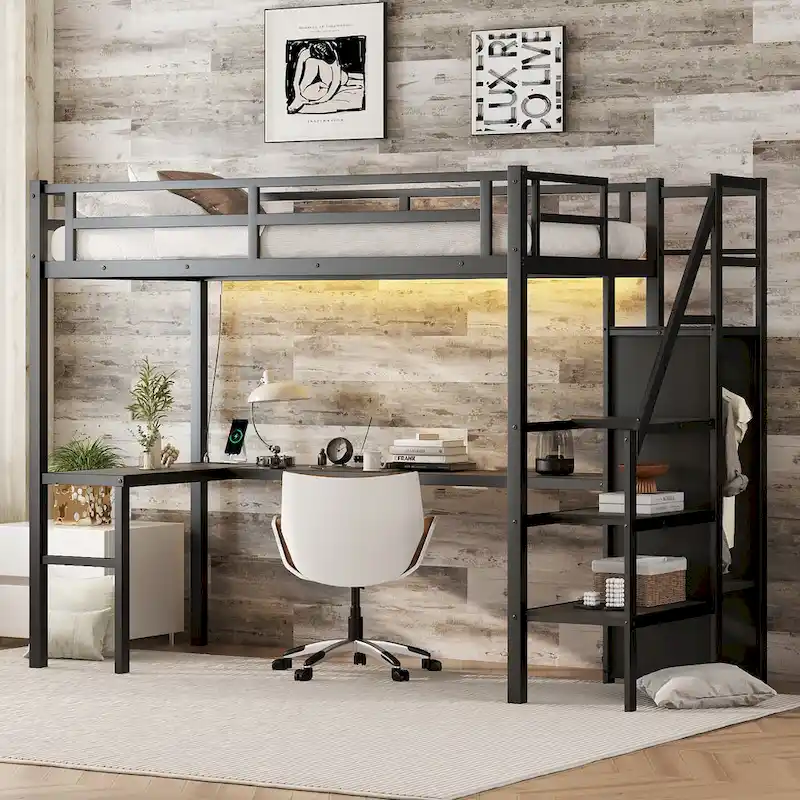 Twin XL Size Loft Bed with L-shaped Desk and USB