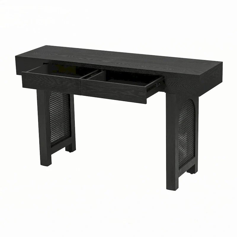 Narrow Console Table with Rattan Accent(Antique Black)