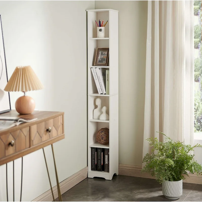 6-Tier Narrow Slim Storage Shelves Media Bookcase, White