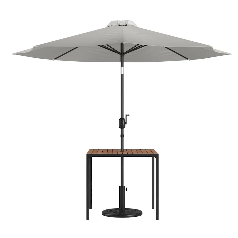 Black Steel Framed 35 Square Faux Teak Patio Table-Tan 9FT Patio Umbrella-Base