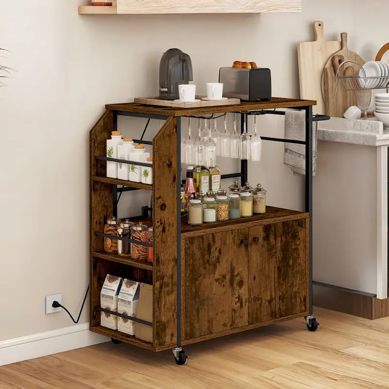 Moasis Rolling Portable Kitchen Island Cart With Power Outlet And Open Shelves