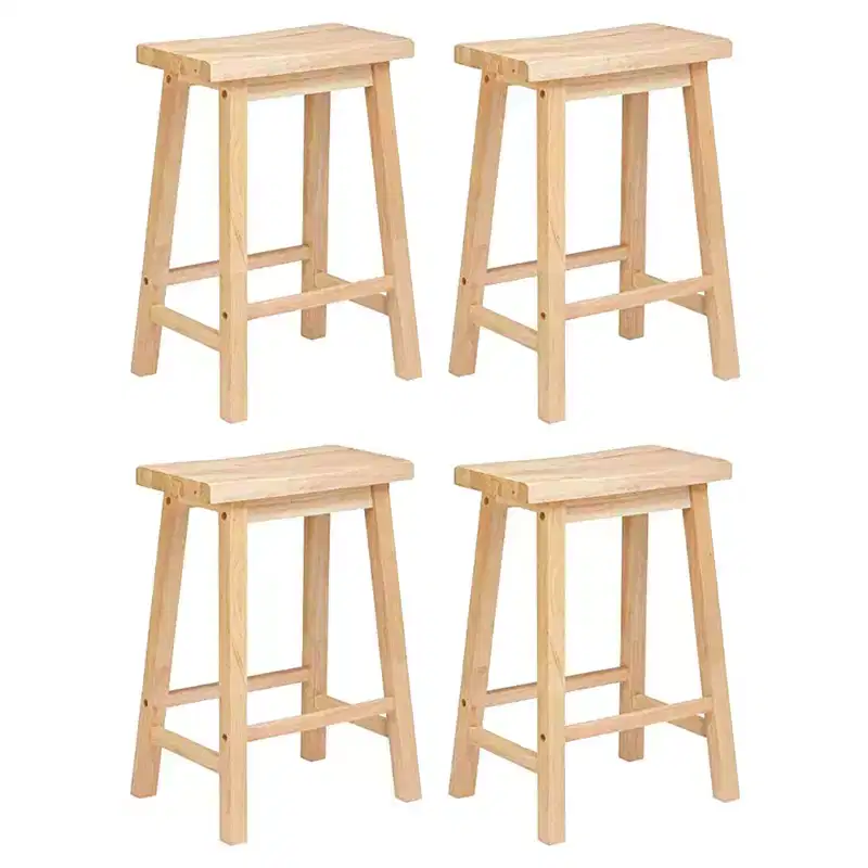 PJ Wood Classic Saddle Seat 24'' Kitchen Bar Counter Stool with Backless Seat & 4 Square Legs, for Homes, Dining Spaces, and Bars, Natural (4 Pack)