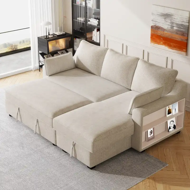 Beige Chenille L-Shaped Sleeper Sofa with Storage and USB Ports