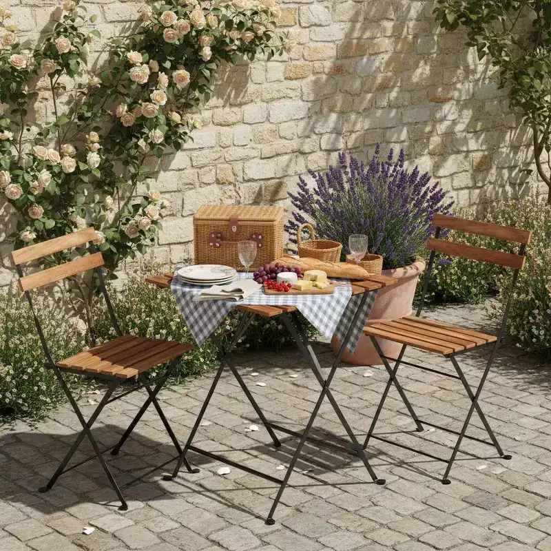Gymax 3-Piece Acacia Wood Patio Bistro Set with Round Table & 2 Foldable Chairs Black + Brown/White + Gray