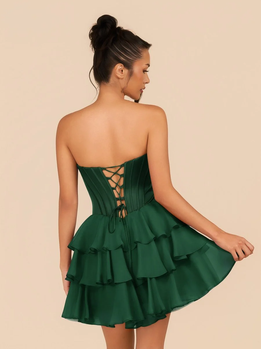 Dark Green – Strapless A-Line Ruffles Homecoming Dress With Beading