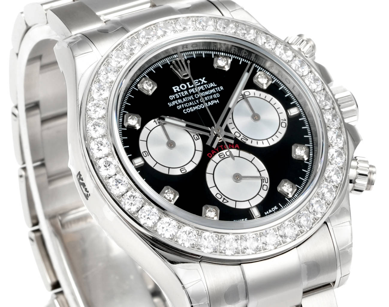 Close-up of Rolex Daytona replica black dial with diamond markers and sub-dials
