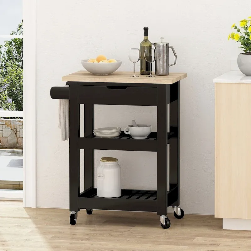 Compact Wooden Kitchen Cart with Wheels Shelves and Drawer by