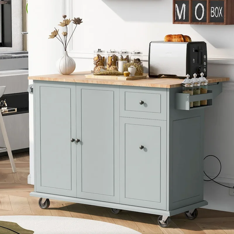 White / Black / Grey+Blue Drop-Leaf Rolling Kitchen Island Cart with 3-Tier Pull-Out Organizer, for 1–2 People
