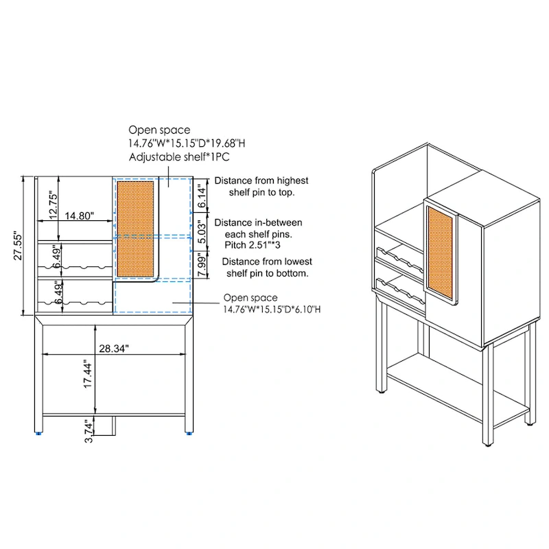 Cassini Farmhouse Reclaimed Oak 2 Open Shelves Wood Kitchen Hutch with Wine Rack by Carbon Loft