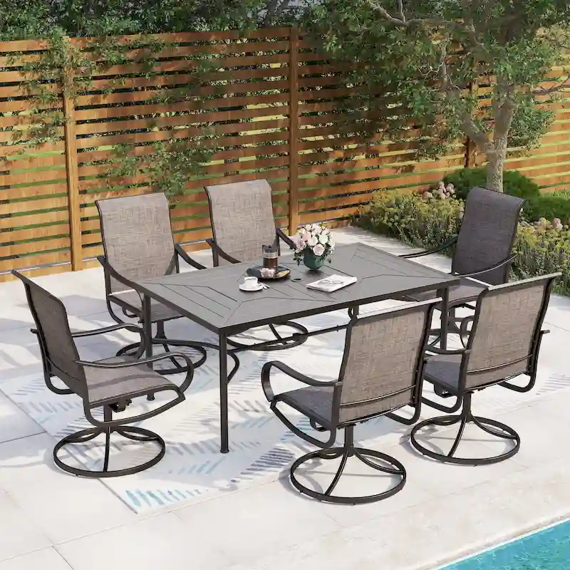 MAISON ARTS 7-Piece Patio Dining Set of 6 Sling Swivel Chairs and a Metal Dining Table