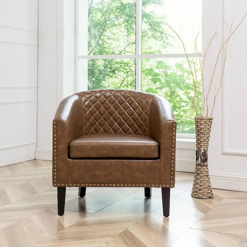 KINWELL PU Leather Tufted Barrel Chair Club Armchair with Nailheads
