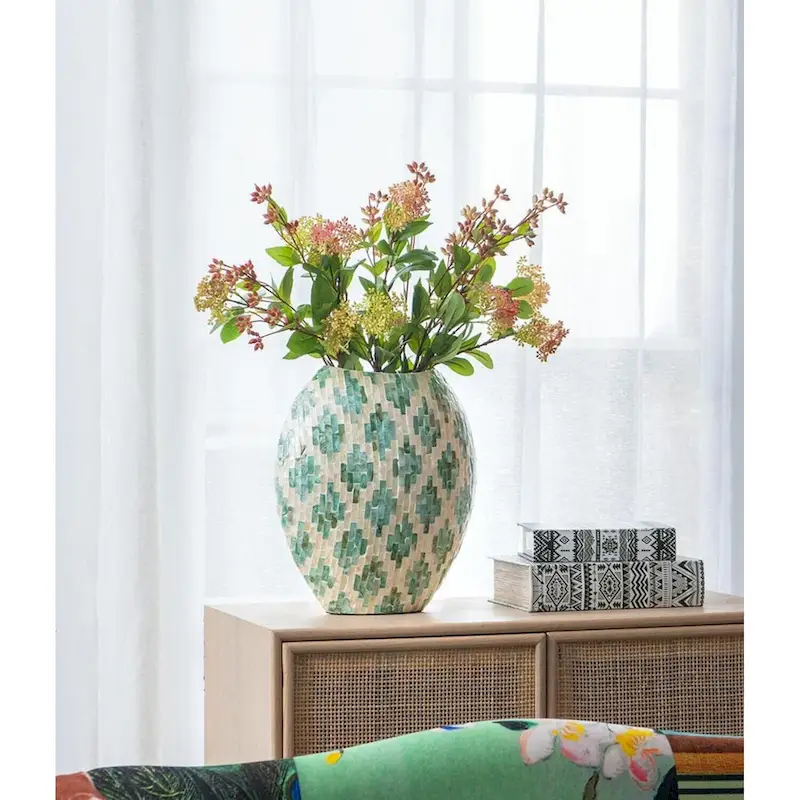 A&B Home Green and Tan Diamond Pattern Capiz Vase