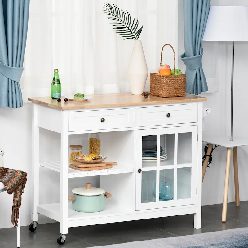 HOMCOM Kitchen Island Utility Storage Cart with Rubber Wood Top, Towel Rack, 2 Cabinets & Drawers for Dining Room