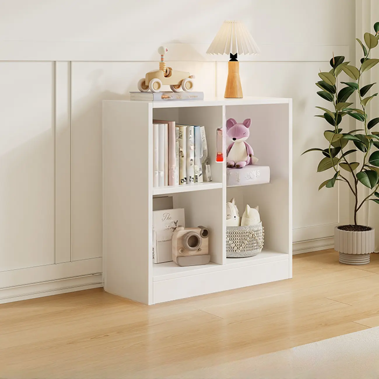 Wide 8-Cube White Wooden Storage Shelf Bookcase