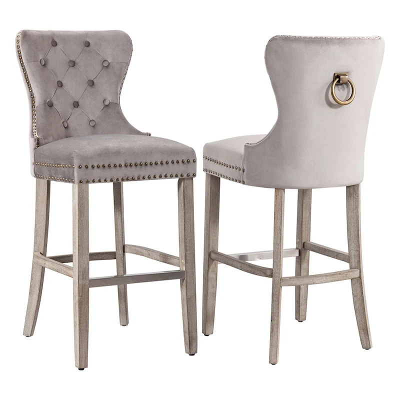 Carter 29  Wingback Tufted Nailhead Bar Stool (Set of 2), Antique Grey Legs