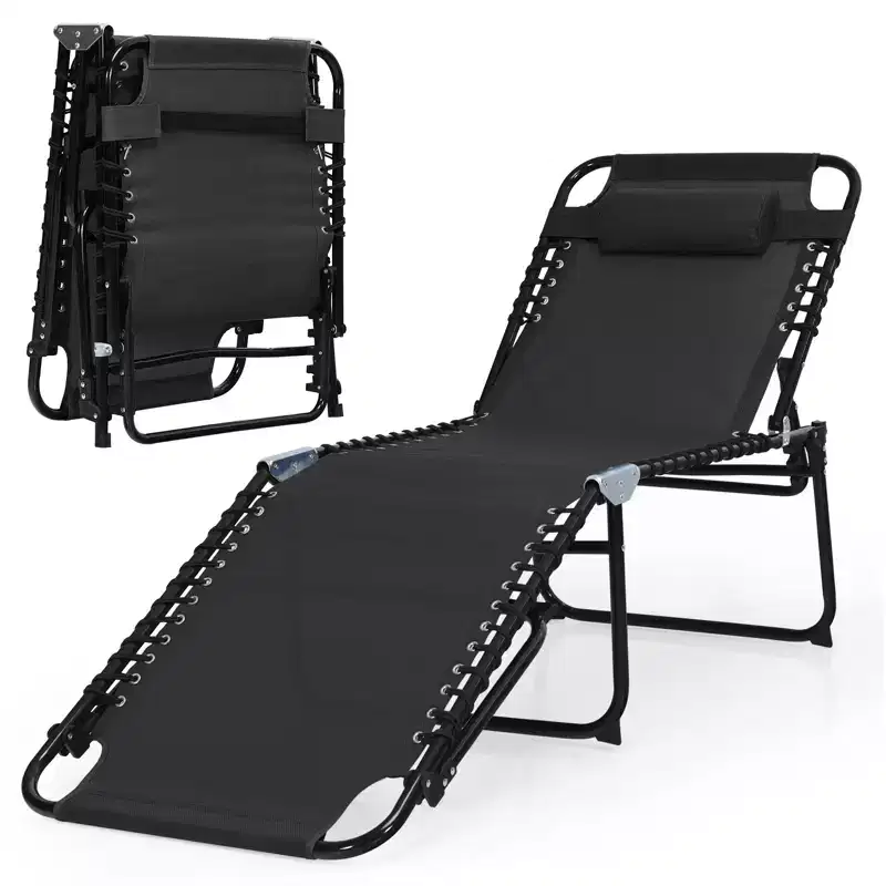 Gymax Outdoor Beach Lounge Chair Folding Patio Lounge Chaise w/ Pillow 4-Level Backrest & Adjustable Peda Backyard Gardens & Rooms Black/Navy/Gray