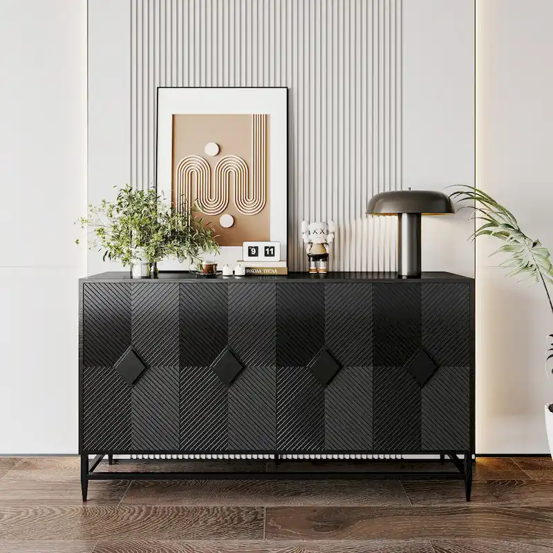 60-inch 4-Door Sideboard Buffet Cabinet | Modern Black Lacquered Wood | Adjustable Shelves | Fluted Design | Living Room Dining Storage