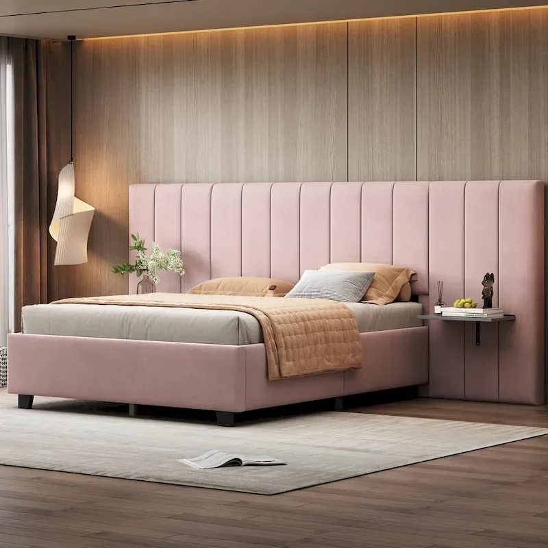 Pink Full Size Modern Style Velvet Upholstered Platform Bed with Big Headboard for Bedroom