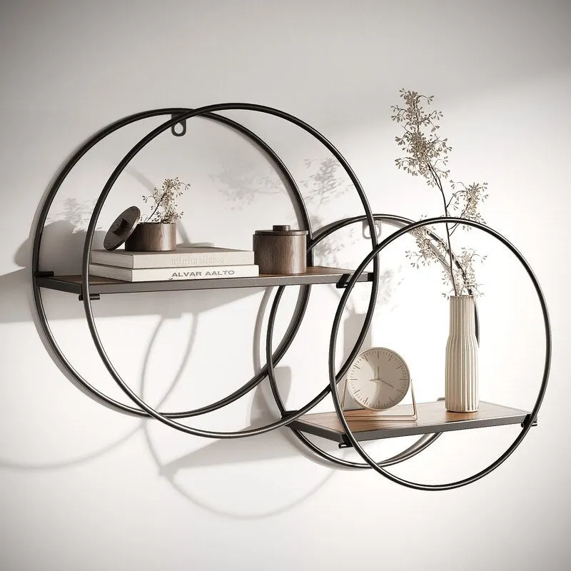 Floating Wall Shelf, Round Metal Frame, 2-Tier Wood Shelves, Geometric Design, Brown, 1-Person Use