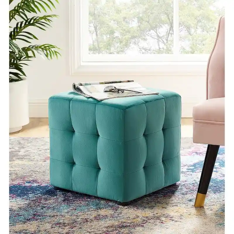 Teal Velvet Upholstered Tufted Cube Ottoman Living Room Accent
