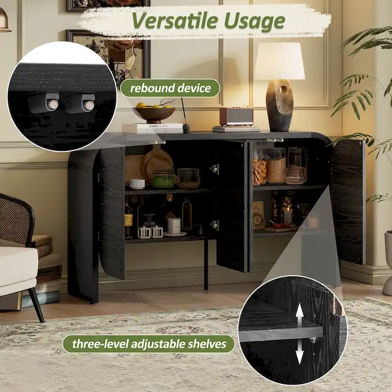 Wooden Sideboard Buffet Cabinet with Curvy Edge & Adjustable Shelves