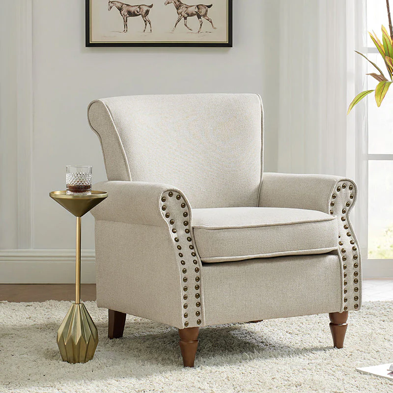 Polyester Upholstered Armchair with Removable Seat Cushion, Foam Fill & Carved Walnut Solid Wood Legs | Blue / Oatmeal / Navy / Ivory / Grey / Sage / Teal / Charcoal | Single Seat
