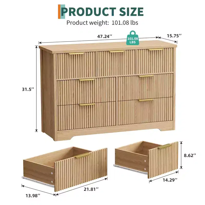 47.24 Fluted Dresser for Bedroom with 7 Drawers, Wooden Long Dresser w/ Metal Handle, Furniture Dresser TV Stand Wood