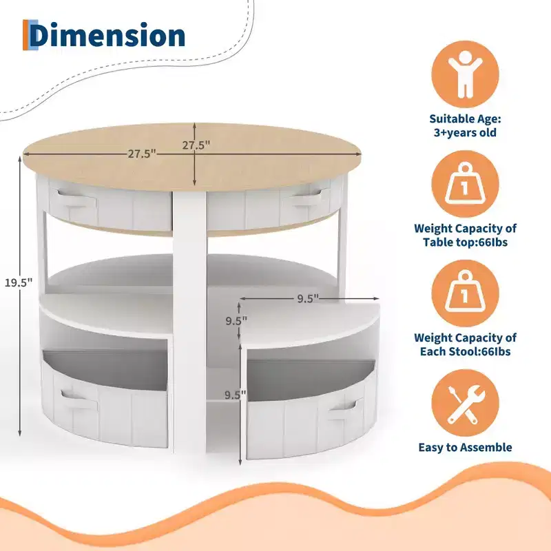 5-Piece Wooden Nesting Kids Table & Chair Set with Round Activity Table, 4 Stools & Fabric Drawers for Play, Art, Crafts, Reading
