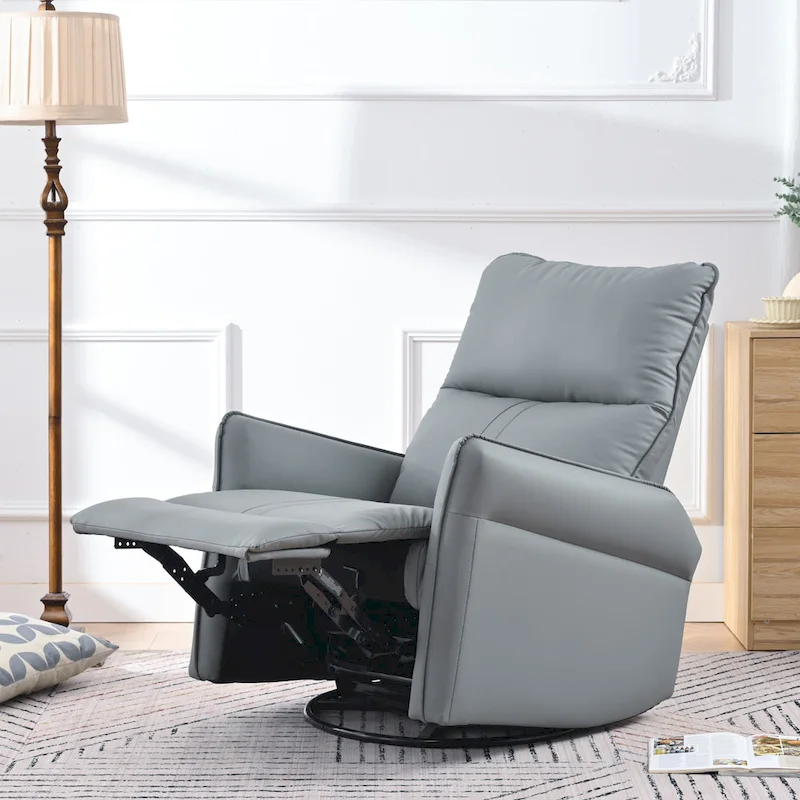 Blue-Gray PU Leather Swivel Glider Rocker Recliner with Pockets, Backrest