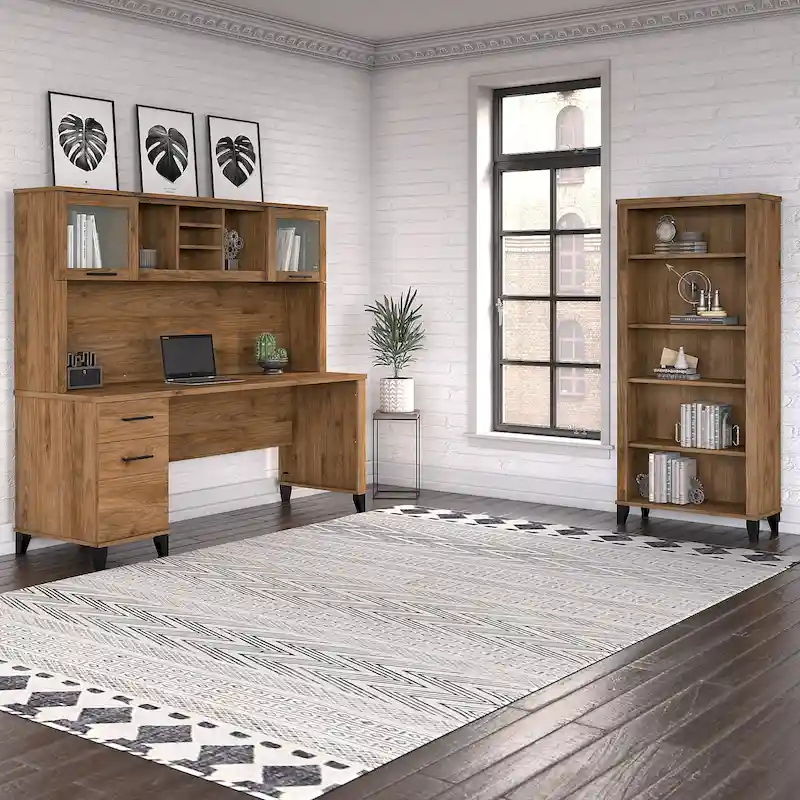 Somerset 72W Office Desk with Hutch and 5 Shelf Bookcase in Ash Gray