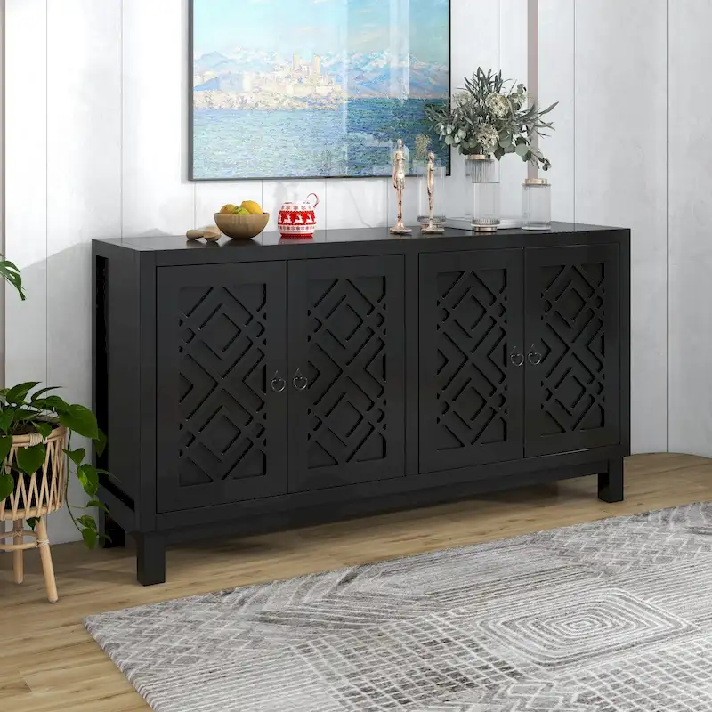 Black / Light Grey / White 4-Door Sideboard with Rhombus Pattern, Adjustable Shelves