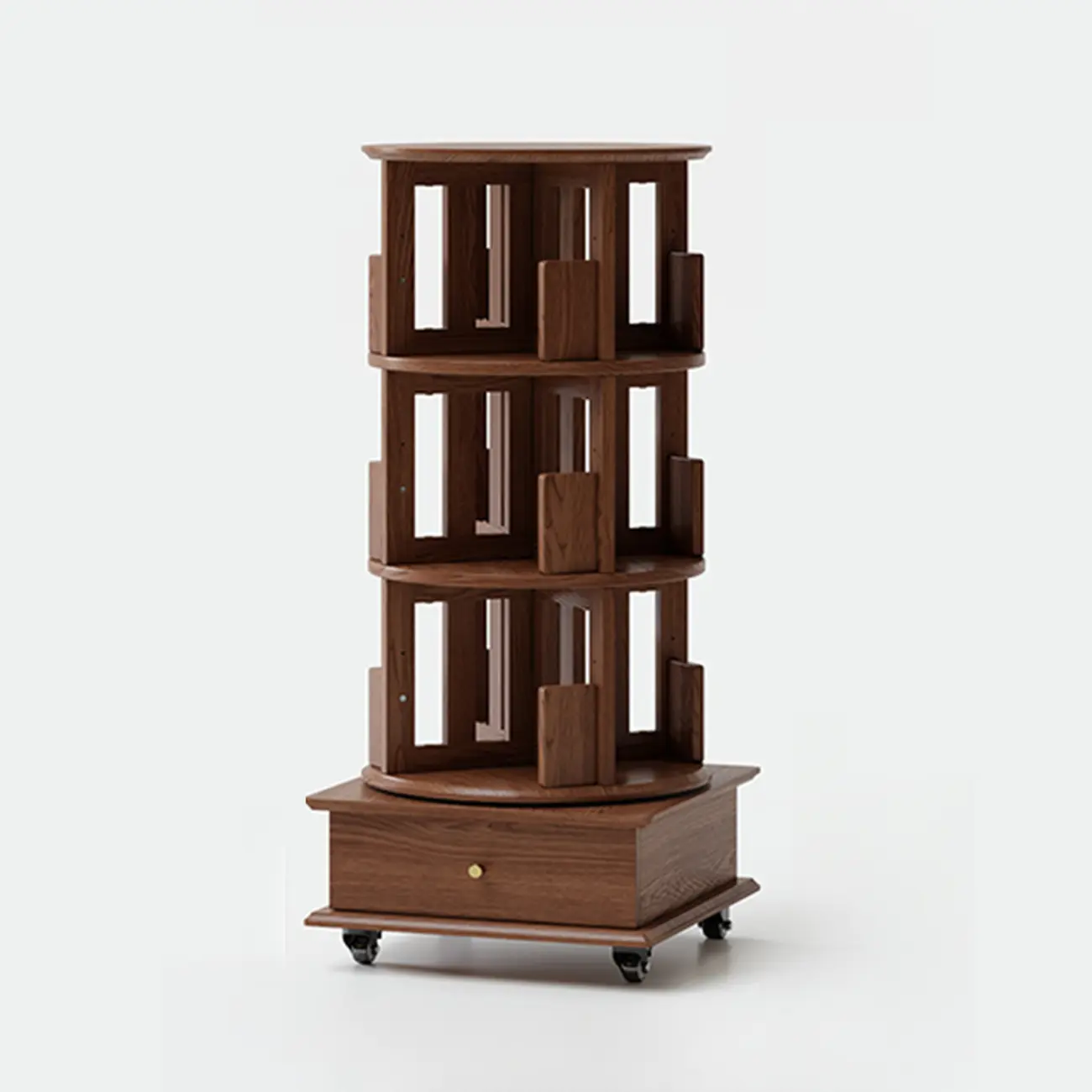 Cylindrical Movable 360° Rotating Wooden Bookshelf with Drawer