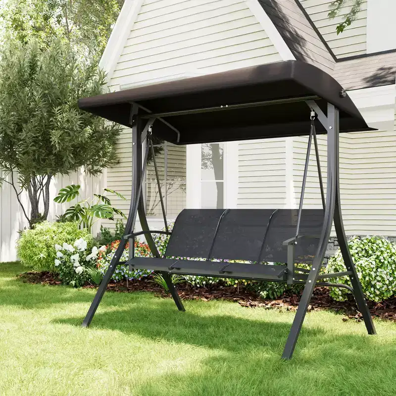 3-Seat Outdoor Porch Swing Chair, Patio Hanging Swing with Adjustable Canopy and Armrests