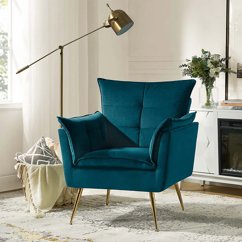 Velvet Tufted Armchair with Foam Fill, Armrests & Gold Metal Legs | Ivory / Navy / Teal / Sage / Green / Fuchsia | Single Seat