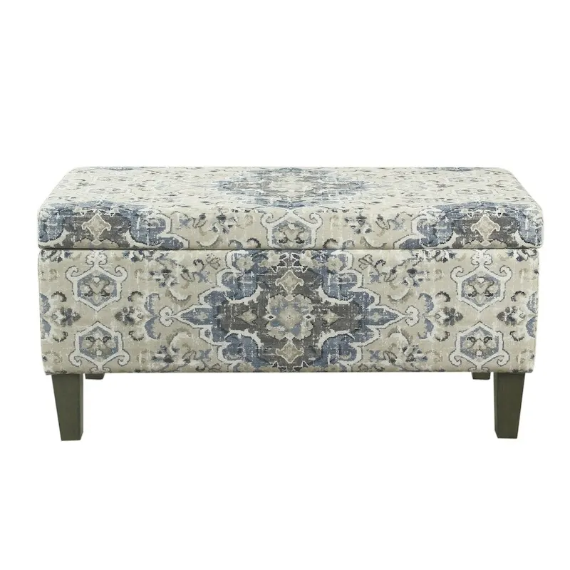 Blue & Cream Medallion Upholstered Storage Bench, 2-Seat