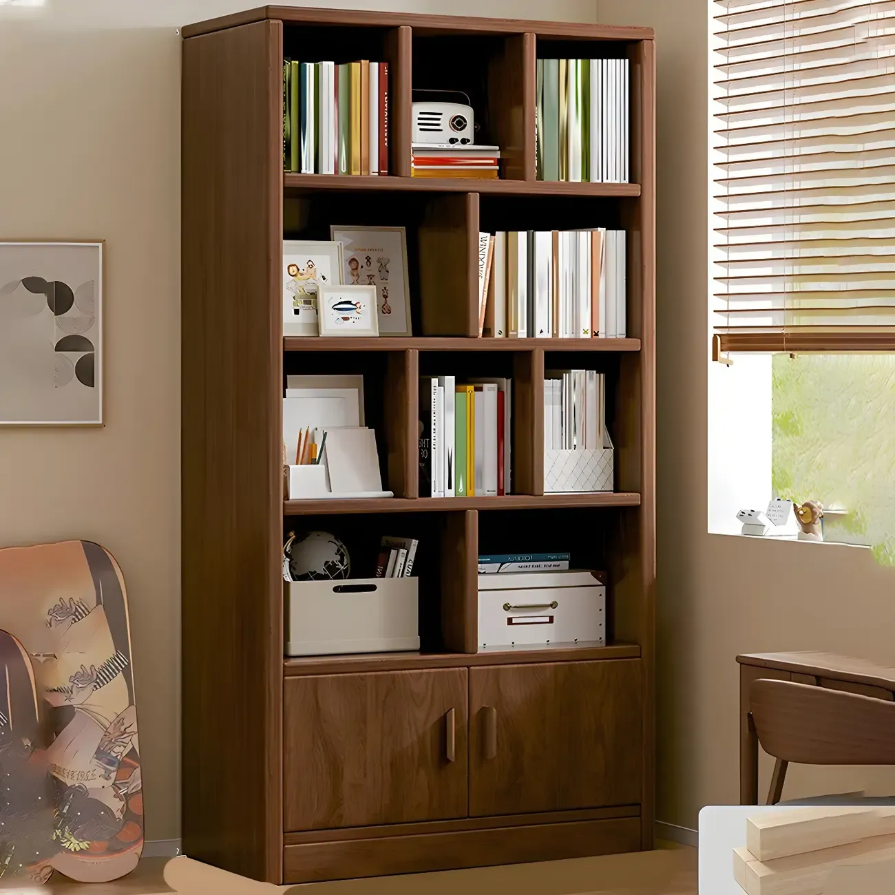 Nut-Brown Vertical Closed Back Wooden Storage Bookcase