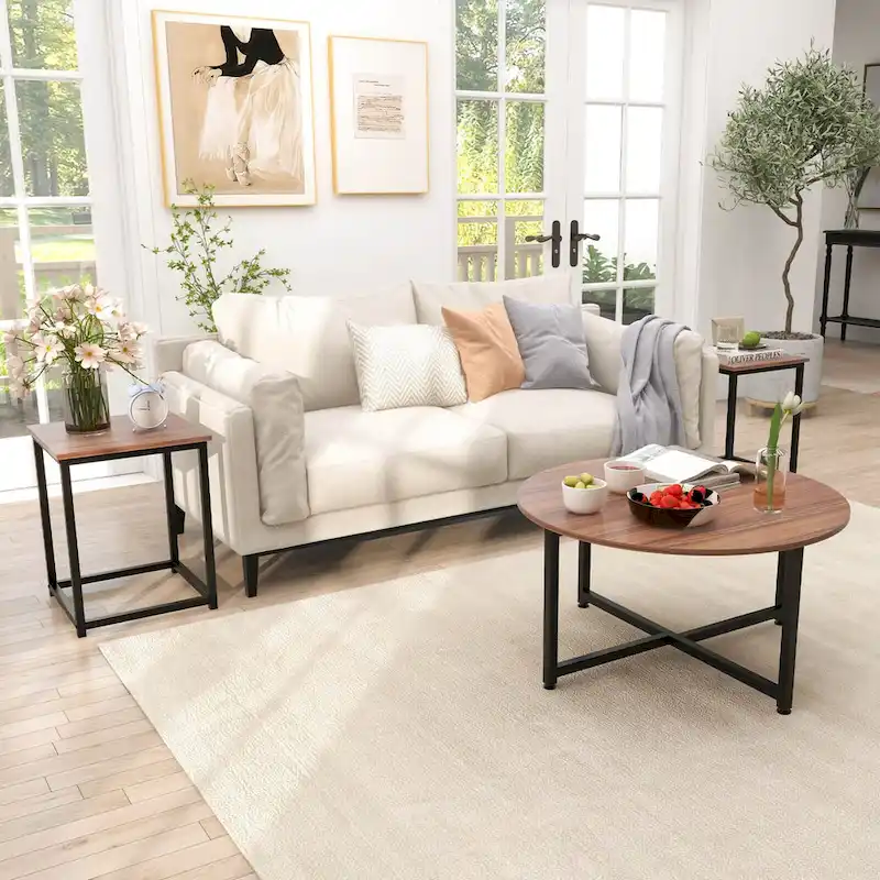 Costway 3 PCS Coffee Table Set Round Coffee Table and 2PCS Square End - See Details